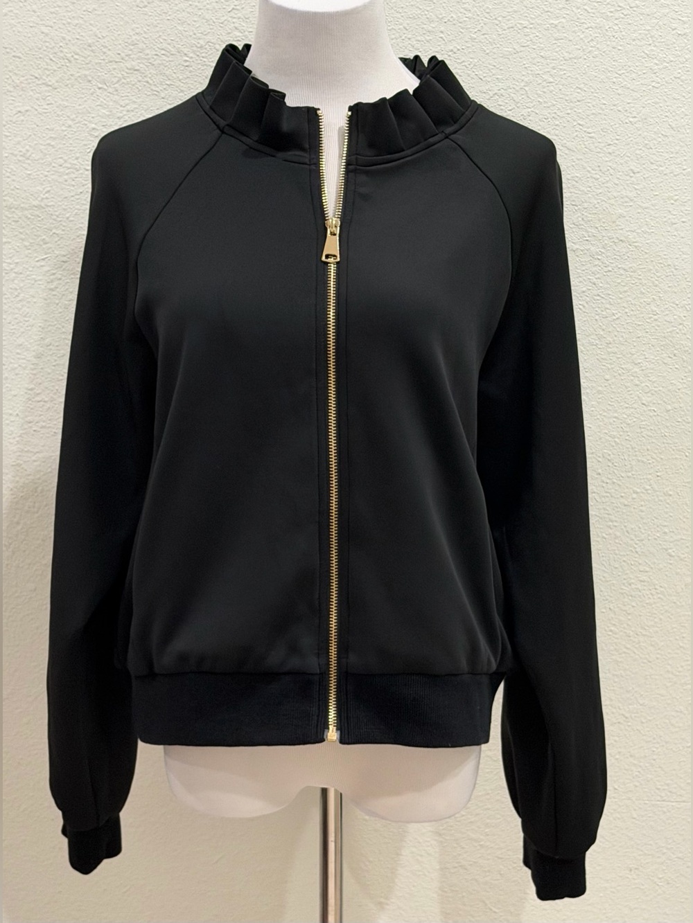SSYS The Label Black Scuba Ruffle Neck Full Zip Jacket XL Stretch Athleisure - Picture 2 of 10